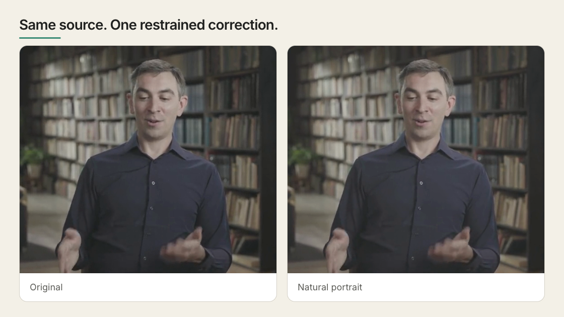 The same presenter frame before and after a restrained natural portrait grade