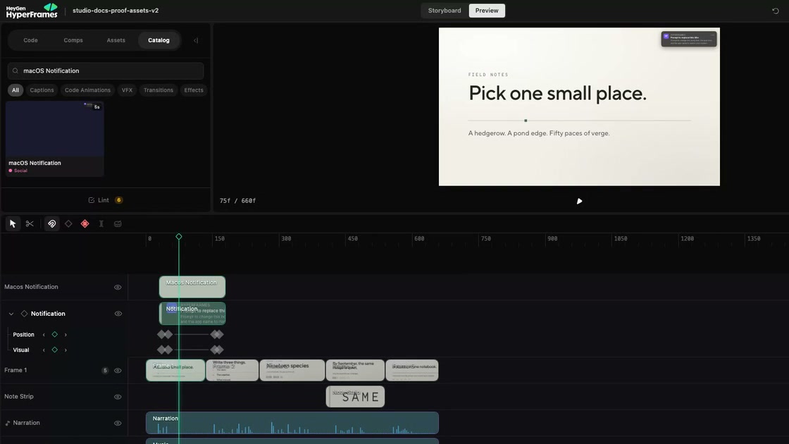 The Studio Catalog tab, searching for a macOS Notification block and dropping it onto the timeline