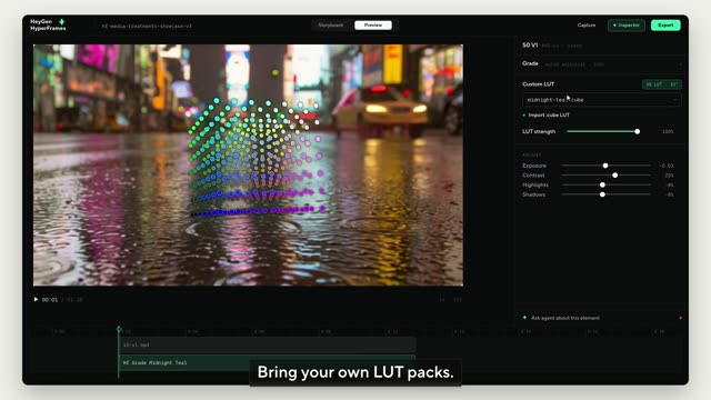 Rain-soaked street footage in Studio with a custom LUT applied and exposure, contrast and shadow controls beside it