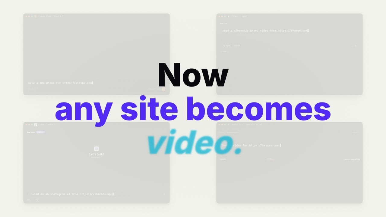 Four agent sessions each pointed at a different site, under the words Now any site becomes video